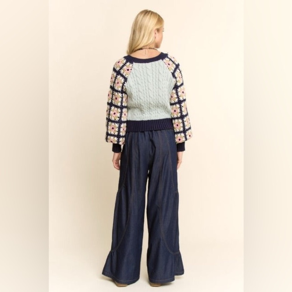Crochet Sleeve Granny Square Cable Knit Sweater - Davi & Dani - Picture 4 of 5